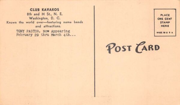 Washington DC Club Kavakos Tony Pastor Saxophone Musician Postcard AA99797 - Image 2
