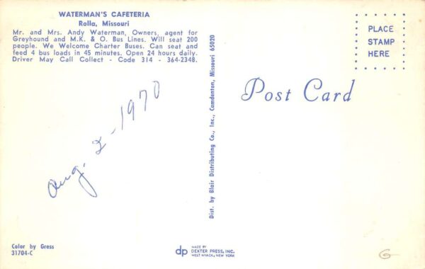 Rolla Missouri Waterman's Cafeteria Greyhound Bus Stop Vintage Postcard AA99815 - Image 2