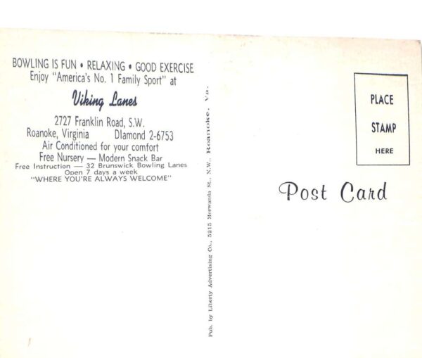 Roanoke Virginia Viking Lanes Bowling Alley Vintage Postcard AA99838 - Image 2