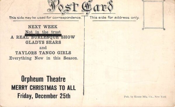 Orpheum Theatre Ad Gladys Sears Burlesque Show Vaudeville Postcard AA99859 - Image 2
