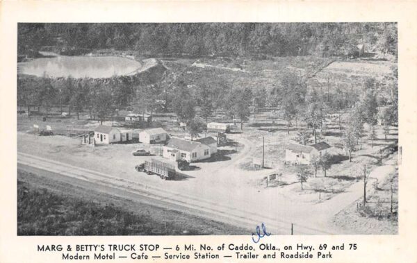 Caddo Oklahoma Marg and Betty's Truck Stop Motel Trailer Park Postcard AA99906