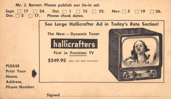 Pittsburgh Pennsylvania hallicrafters TV Television Ad for Newspaper PC AA99917