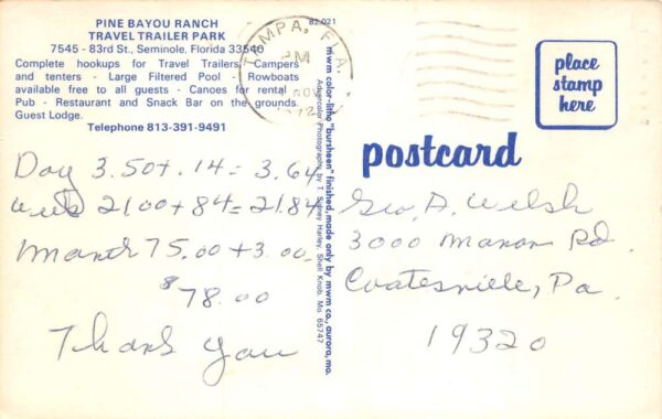 Seminole Florida Pine Bayou Ranch Travel Trailer Park Swimming Pool PC AA100151 - Image 2