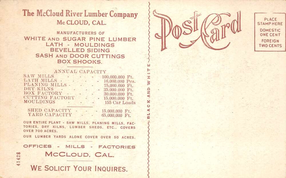 McCloud California McCloud River Lumber Co Double Band Saw Mill PC AA100164 - Image 2