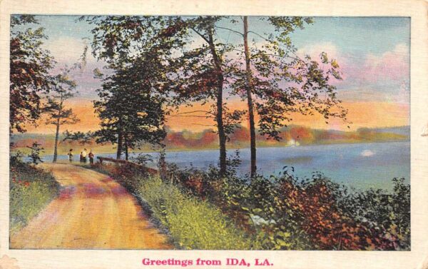 Ida Louisiana Greetings People along Road by Lake Vintage Postcard AA87321
