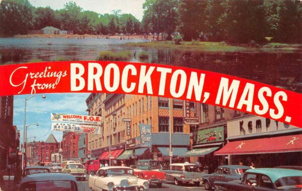 Brockton Massachusetts Greetings Field Park and Main Street Postcard AA87335