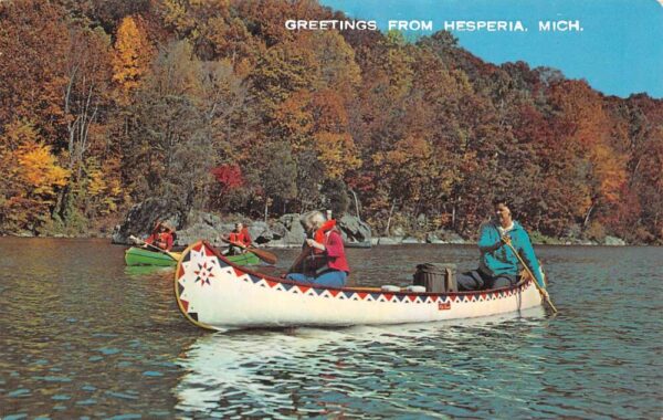 Hesperia Michigan Greetings Canoeing Scene Vintage Postcard AA87336