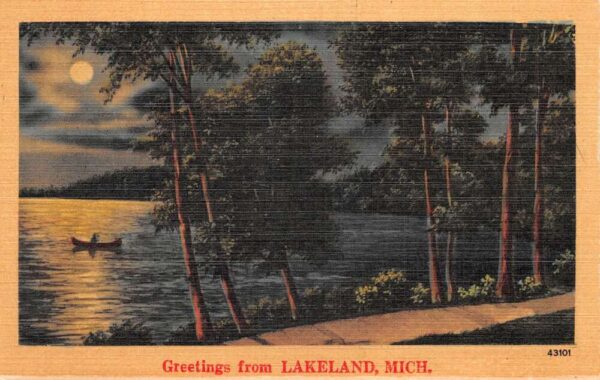 Lakeland Michigan Greetings Canoeing at Night Vintage Postcard AA87345