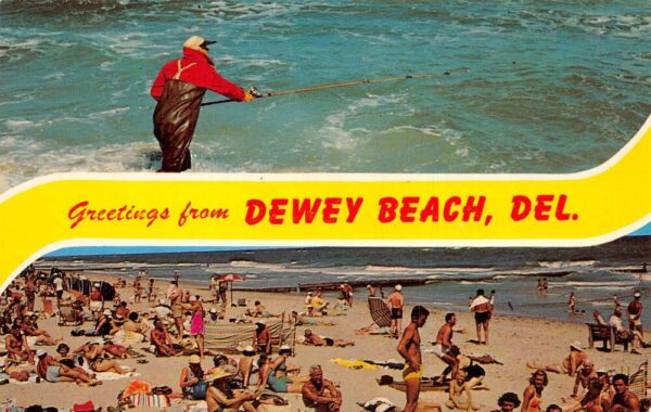 Dewey Beach Delaware Greetings Beach Scene and Fishing Postcard AA87352