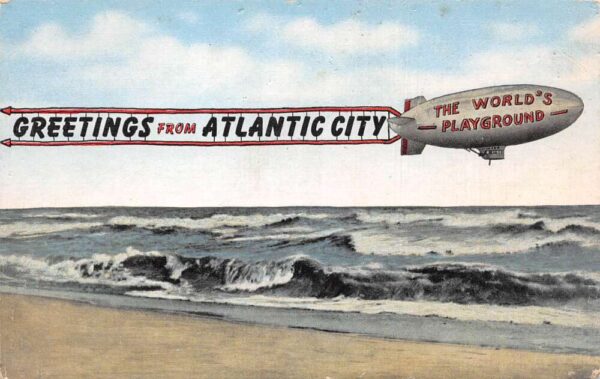 Atlantic City Greetings Beach Scene Dirigible Airship Postcard AA87353