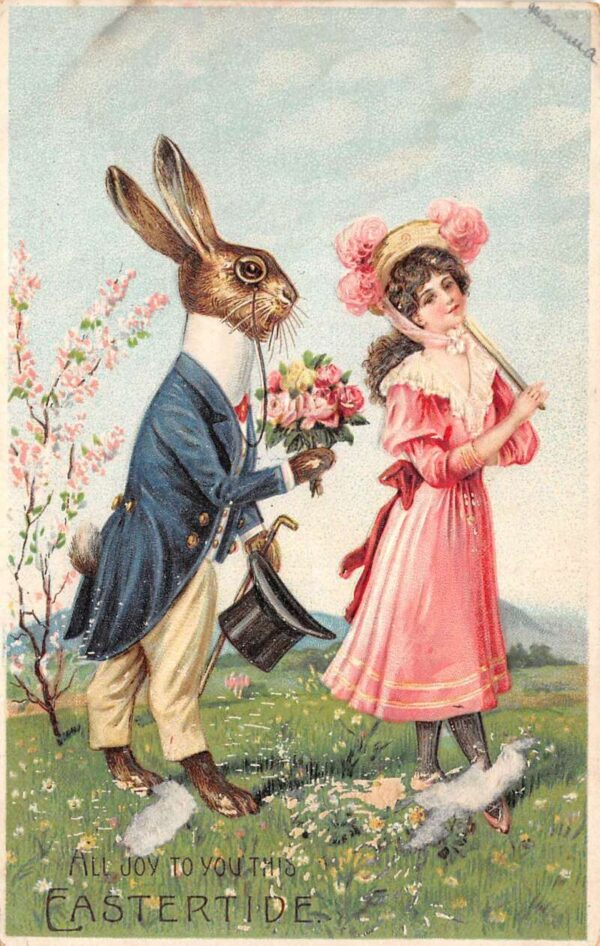 Easter Greetings Dressed Bunny Rabbit and Lady Vintage Postcard AA87387