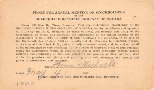 Goldfield Nevada Goldfield Deep Mines Co Annual Stockholders Meeting PC AA87406