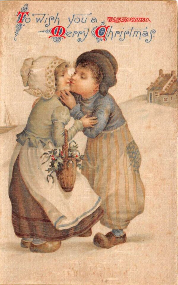 Christmas Greetings Dutch Children Kissing Nister Printed on Silk PC AA87415