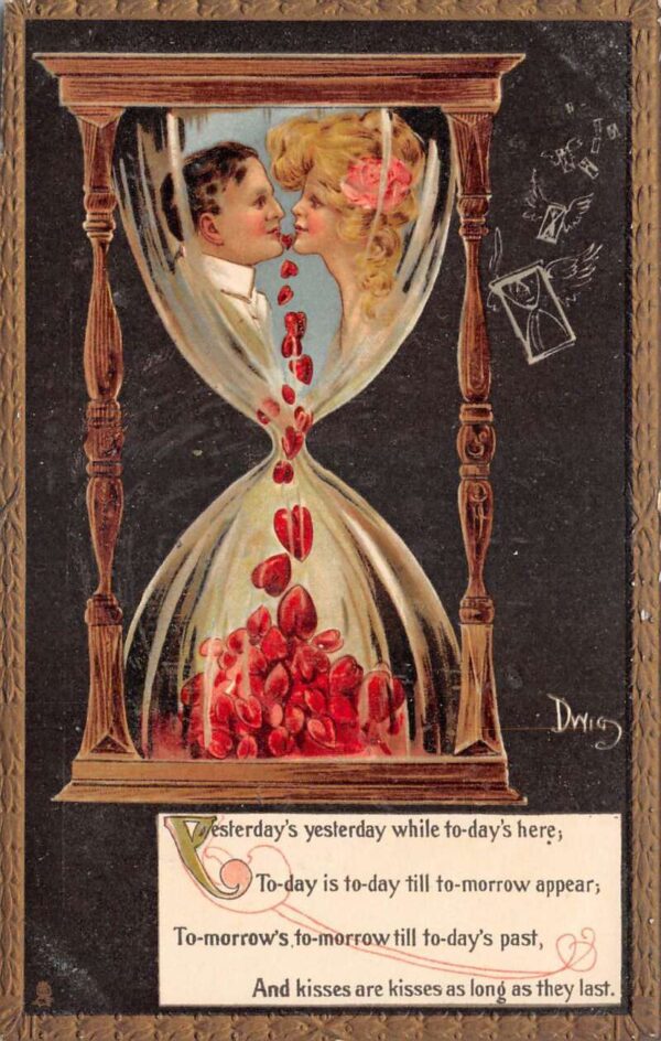 Romance Greetings Couple in Hourglass with Hearts Dwig Signed Tuck PC AA87463