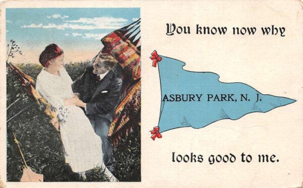Asbury Park New Jersey Greetings Pennant Flag Couple in Hammock Postcard AA87546