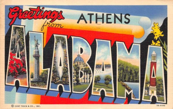Athens Alabama Greetings Large Letter Linen Vintage Postcard AA87552