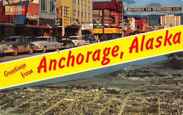Anchorage Alaska Greetings Street Scene Birds Eye View Postcard AA87553
