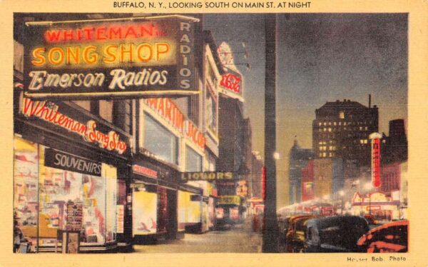 Buffalo New York Main Street at Night Emerson Radios Postcard AA87596
