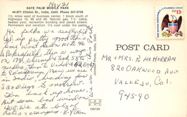 Indio California Date Palm Mobile Trailer Park Vintage Postcard AA87607 - Image 2