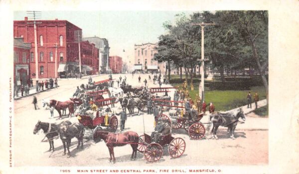 Mansfield Ohio Main Street and Central Park Fire Drill Postcard AA87838