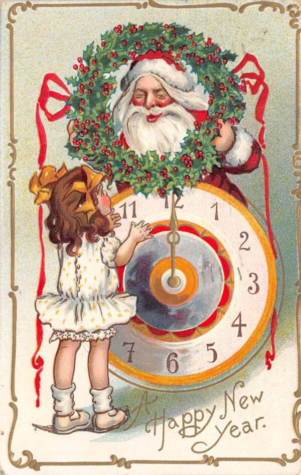 New Year Greetings Santa Claus with Girl and Clock Tuck Postcard AA87839