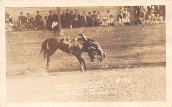 Bozeman Montana Rodeo Roundup Cowboy Falling off Horse Real Photo PC AA87840