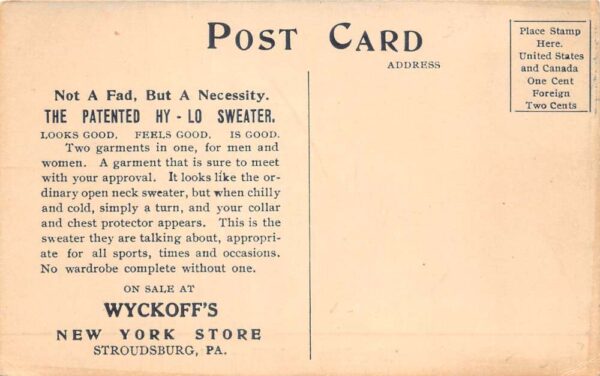 Stroudsburg Pennsylvania Wyckoffs Store Hy-Lo Sweater Tennis Postcard AA87881 - Image 2