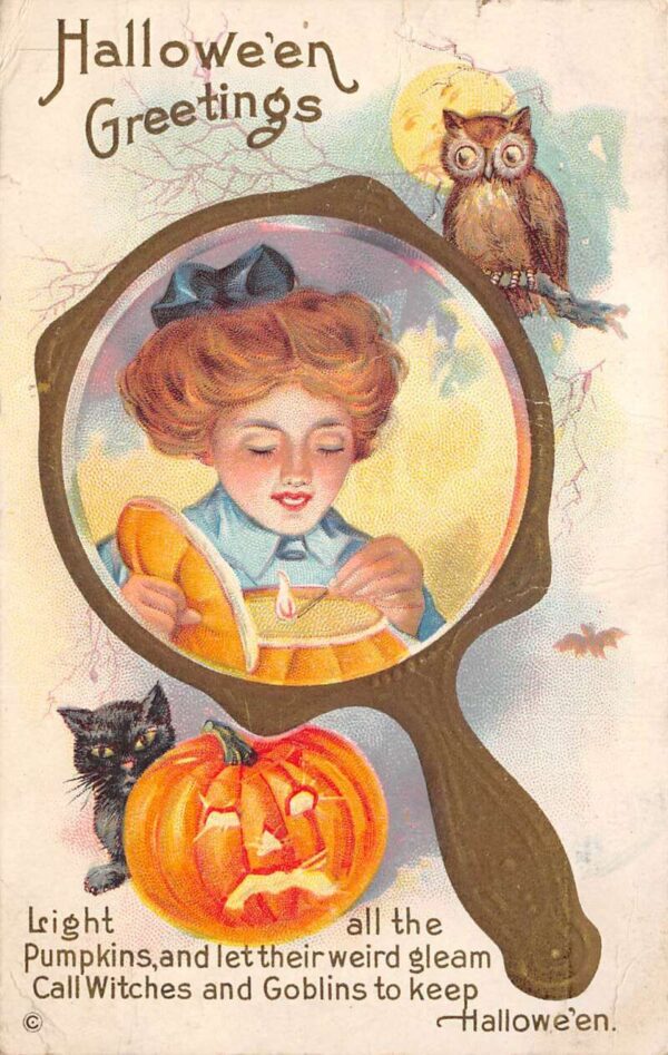 Halloween Greetings Girl lighting Jack o Lantern Mirror Black Cat Owl PC AA88010