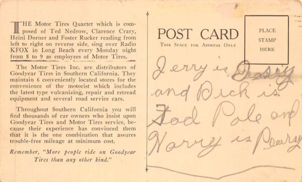 Good Year Motor Tires Quartet KFOX Singers Music Vintage Postcard AA88020 - Image 2