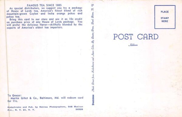 Baltimore Maryland House of Lords Tea Food Ad Vintage Postcard AA88094 - Image 2