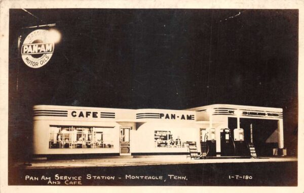 Monteagle Tennessee Pan Am Service Station at Night Real Photo Postcard AA88203