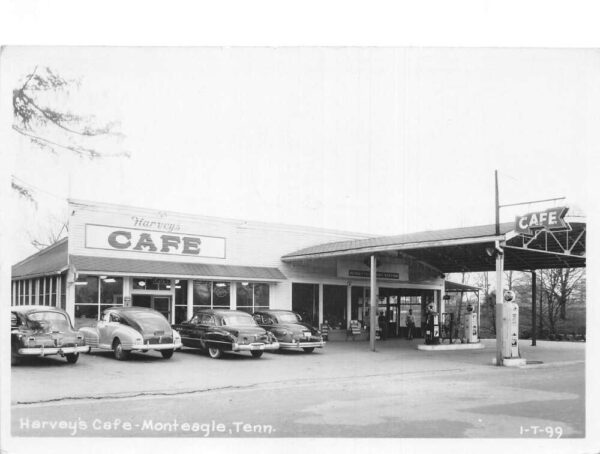 Monteagle Tennessee Harveys Cafe and Gas Station Real Photo Postcard AA88208