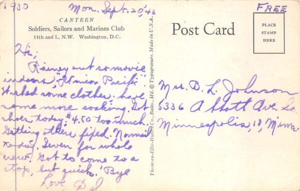 Washington DC Solders Sailors Marines Club Canteen Vintage Postcard AA88250 - Image 2
