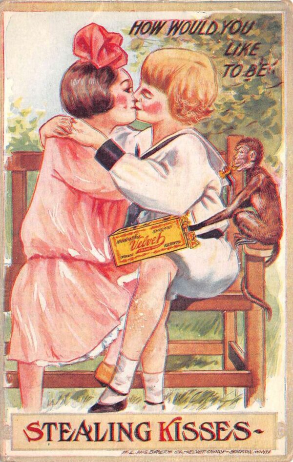 Hildreths Velvet Candy Ad Boy and Girl Kissing Monkey Stealing Candy PC AA88288