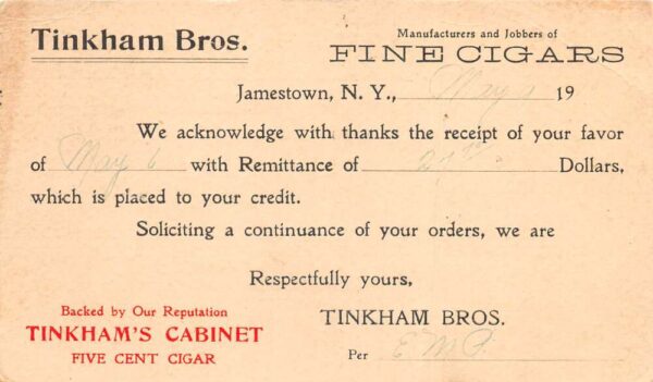 Jamestown New York Tinkham Bros Cigars Receipt Vintage Postcard AA88292