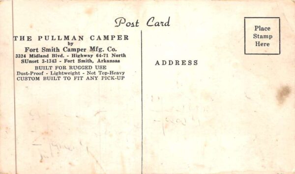 Fort Smith Arkansas Fort Smith Camper Mfg Pullman Camper Ad Postcard AA88296 - Image 2