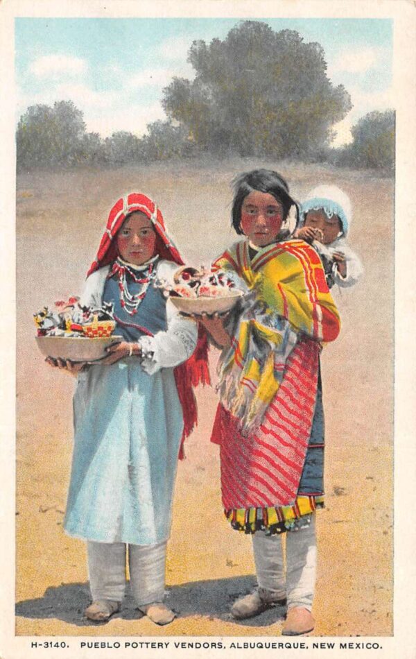 Albuquerque New Mexico Pueblo Pottery Vendors Fred Harvey Postcard AA88301