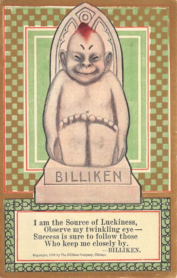 Billiken Good Luck Greetings Gold Checkerboard Pattern Vintage Postcard AA88304