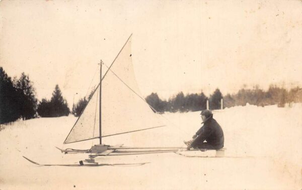 Winter Scene Man on Sail Sled Real Photo Vintage Postcard AA88335