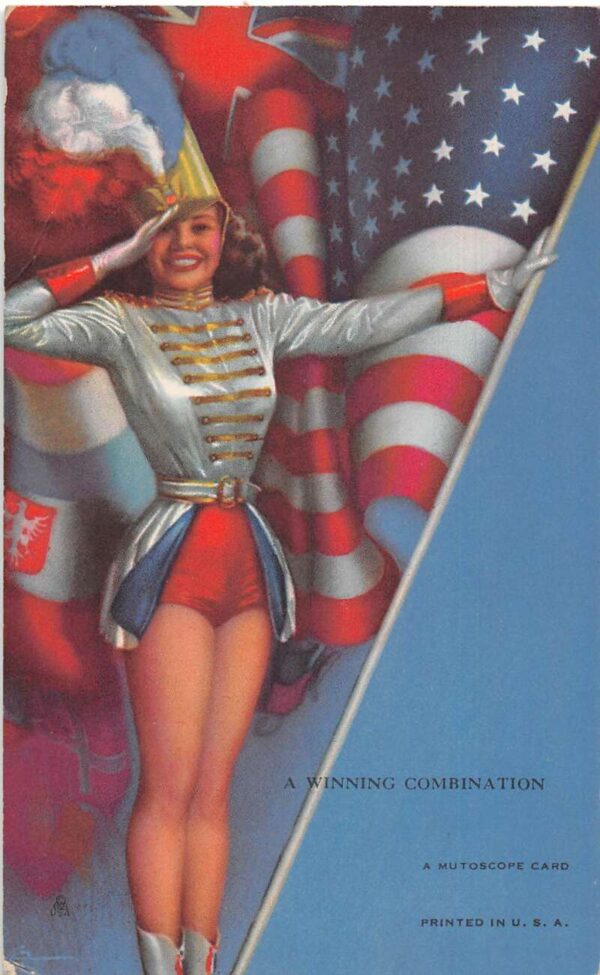 Patriotic Pin Up Girl USA UK French Flags Vintage Arcarde Card AA88337