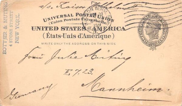 1911 Liberty Postal New York to Germany Vintage Postcard AA88347