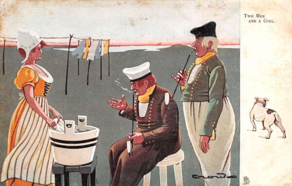 Dutch Natives Laundry Girl Bulldog Artist Signed Tuck Postcard AA88351