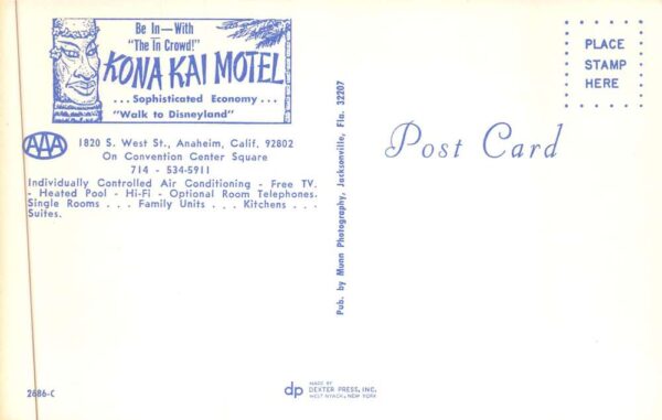 Anaheim California Kona Kai Motel Swimming Pool Vintage Postcard AA88359 - Image 2