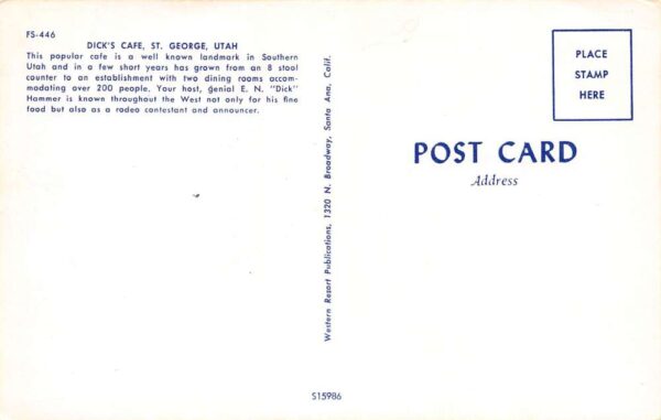 St. George Utah Dick' CafÃ©, Chrome, Vintage Postcard U20601 - Image 2