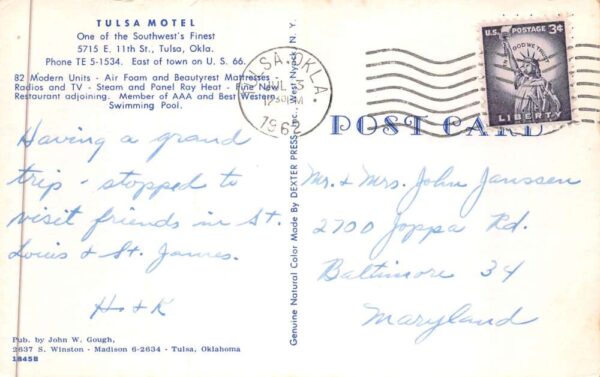 Tulsa Oklahoma Tulsa Motel Swimming Pool Vintage Postcard AA88439 - Image 2