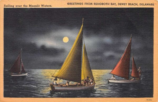 Dewey Beach Delaware Rehoboth Bay Sailing at Moonlight Vintage Postcard AA88450