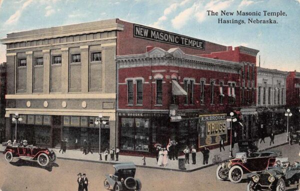 Hastings Nebraska New Masonic Temple, Drug Store, Vintage Postcard U20682