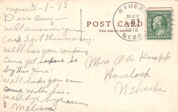 Wymore Nebraska Hotel Touzalin, B/W Lithograph, Vintage Postcard U20690 - Image 2