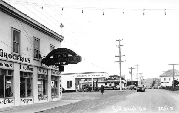 Gold Beach Oregon Grocery Store Gas Station Street Scene Real Photo PC AA88567