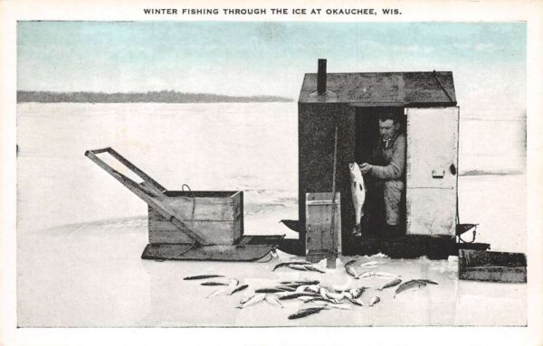 Okauchee Wisconsin Ice Fishing Vintage Postcard AA88586